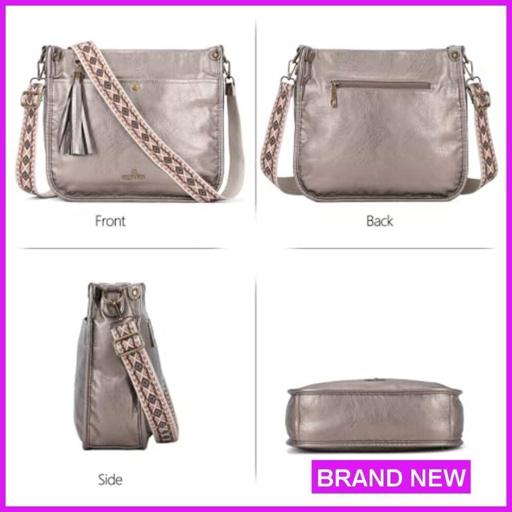 Vegan Leather Hobo Crossbody Bag with Guitar Strap Adjustable Tassel Purse - Picture 6 of 7